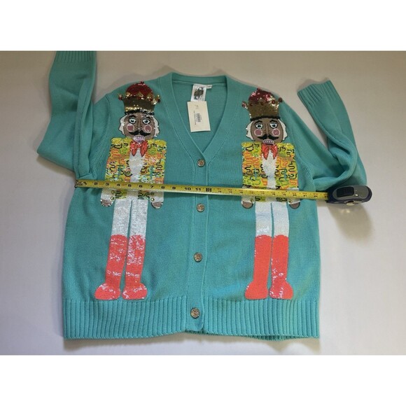 Queen of Sparkles Nutcracker Sequin Cardigan Sweater Teal Button Front – Medium - Picture 8 of 13